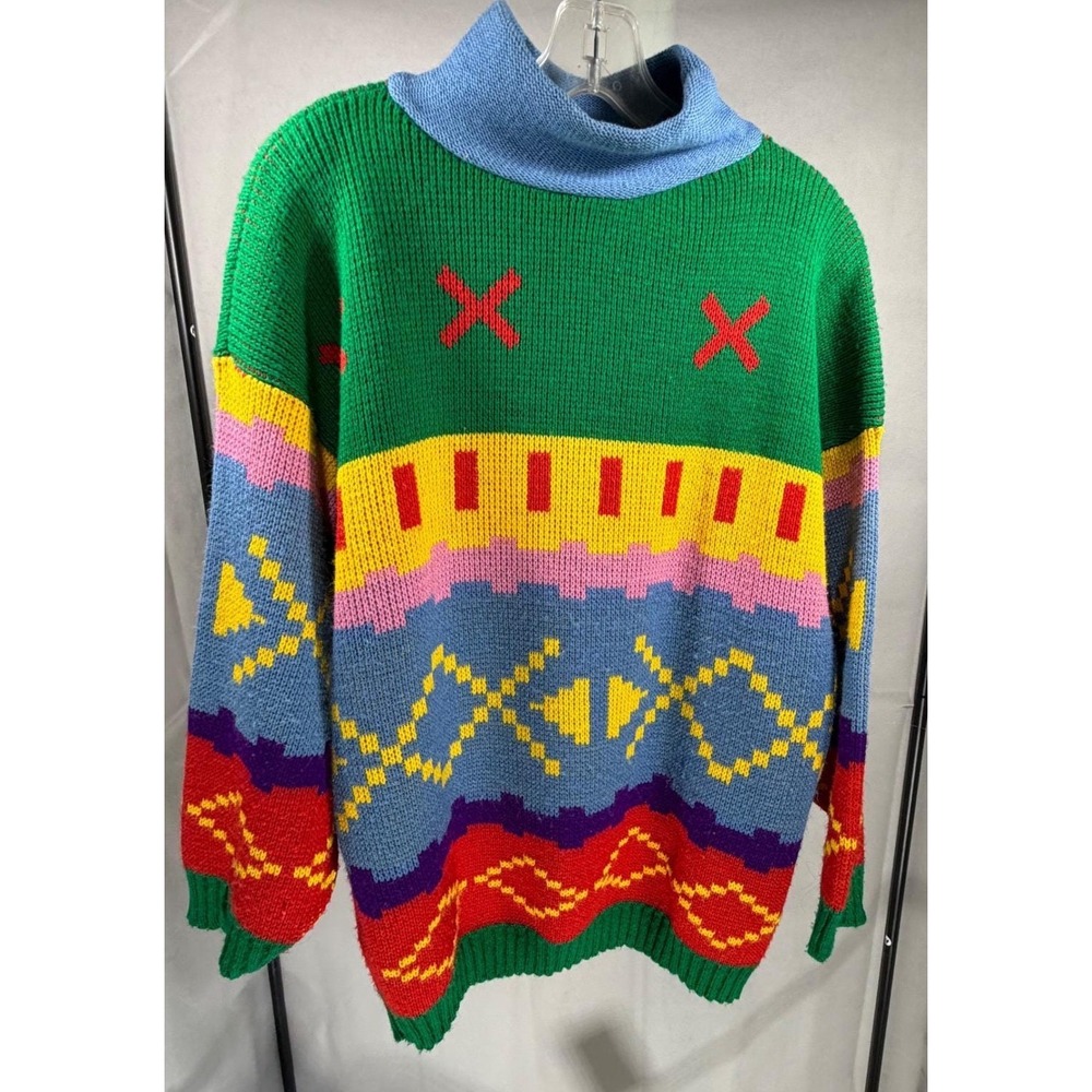 Vintage 80s Cosby Style Colorblock Geometric Knit Sweater Oversized Kidcore